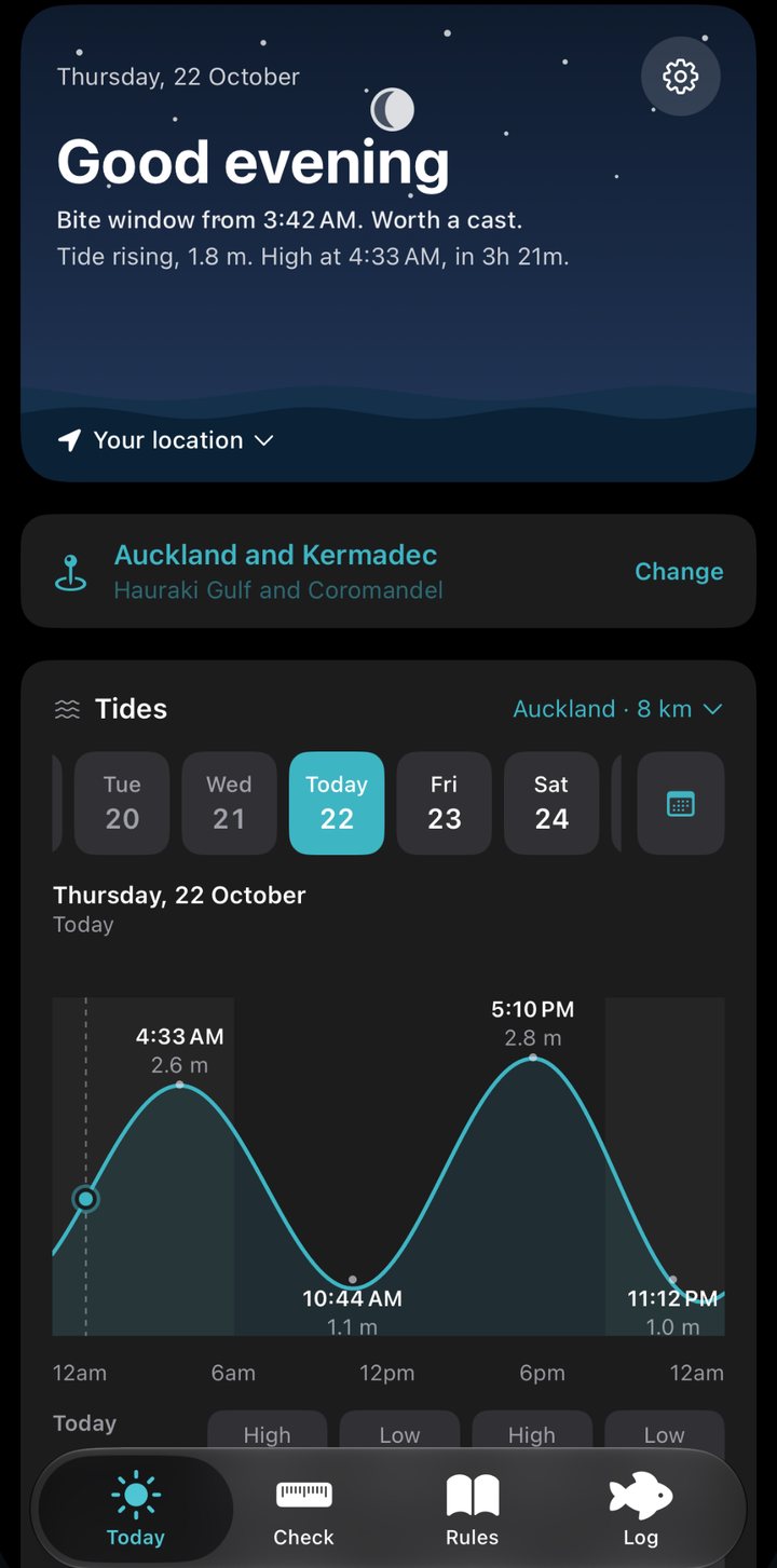 The Kiwi Catch Today screen: the next bite window, the tide rising toward high at 4:33 am, and the Auckland tide chart.